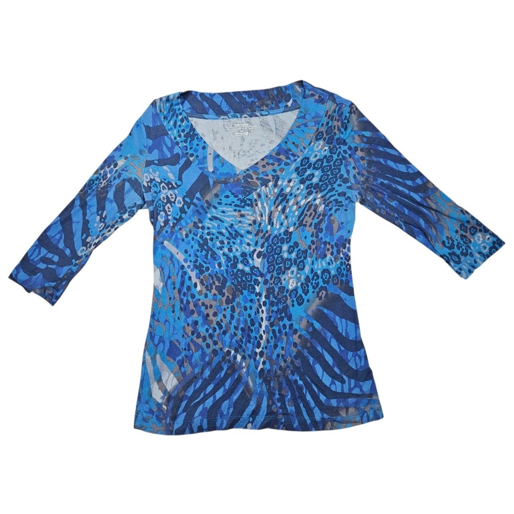 Daisy Fuentes Womens M Top Blue Animal Print Leopard Zebra V-Neck 3/4 Sleeve